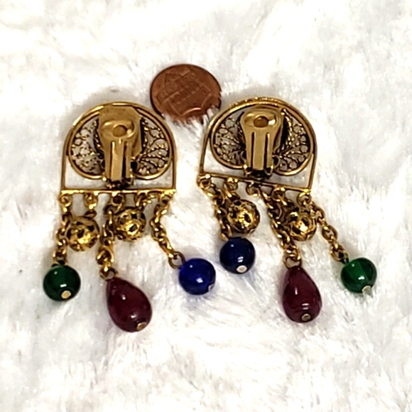 Antique Long Pretty Blue, Red, Green Cabochon Drop Dangle Beaded Earrings Matte. - Picture 8 of 8